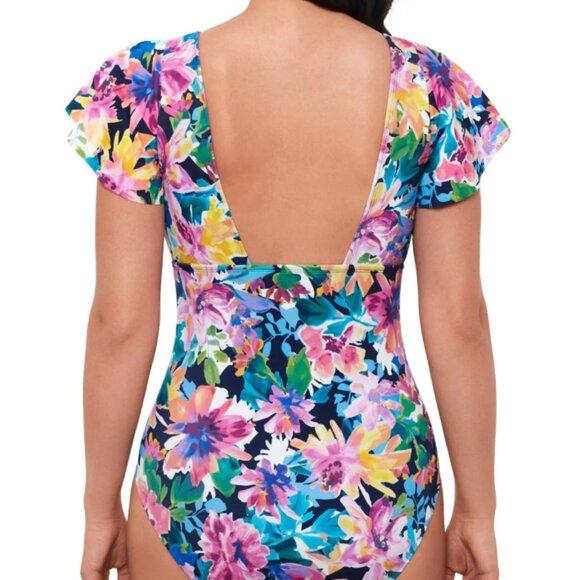 Swim Solutions Garden Dreams Flutter-Sleeve Swimsuit NWT Sz 14 - Picture 4 of 12